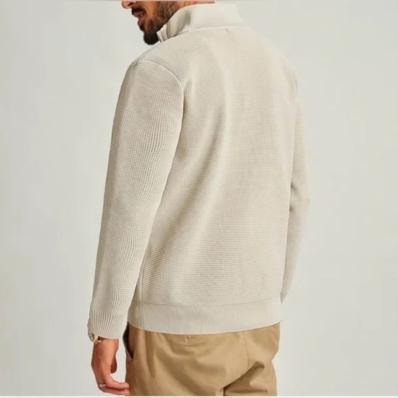 PJ Paul Jones men’s pFull Zip Sweater cream Waffle textured, casual stand collar - Picture 2 of 3